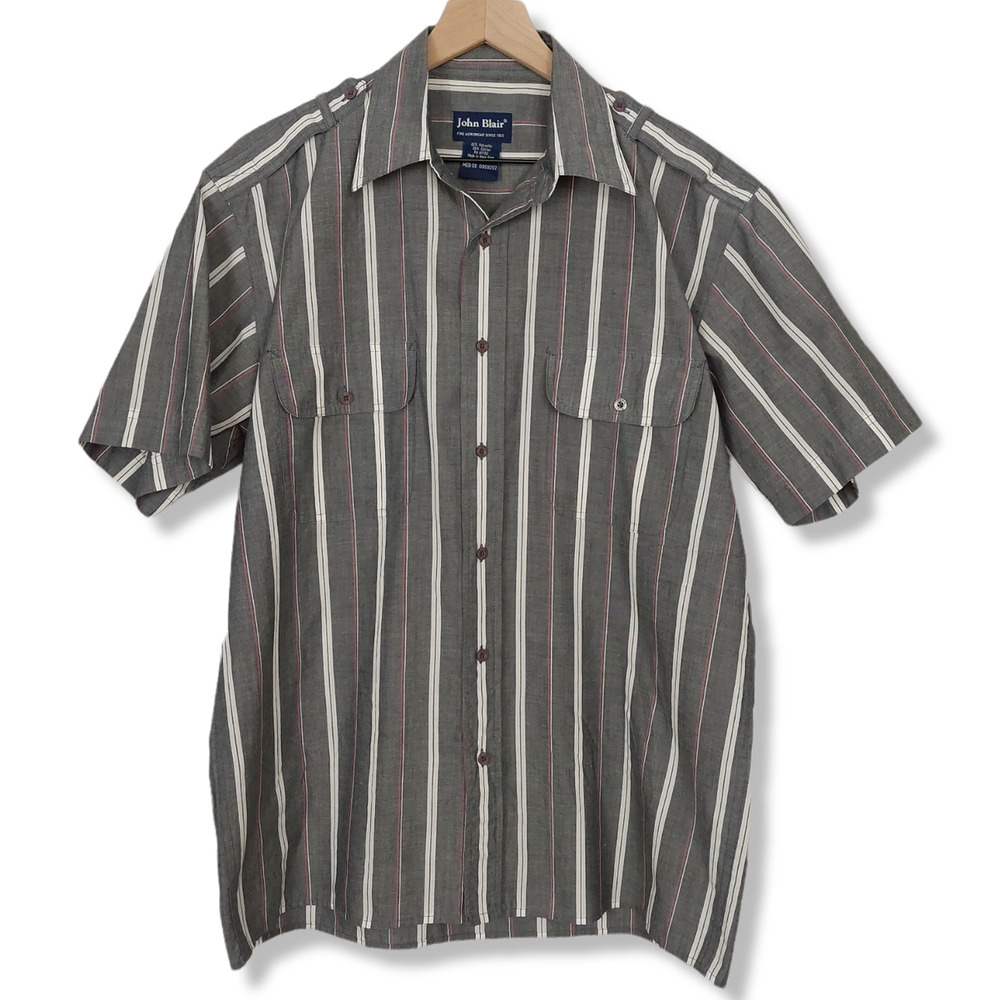 Vintage 80s Striped Short Sleeve Button Down Shirt Mens Medium John Blair